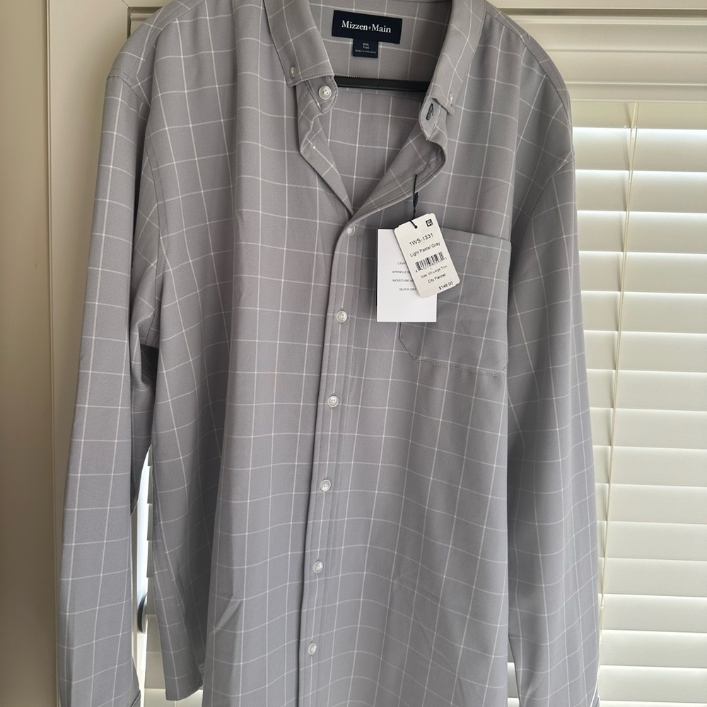 Mizzen+Main Light Gray Windowpane Performance Button-Down Shirt XXL